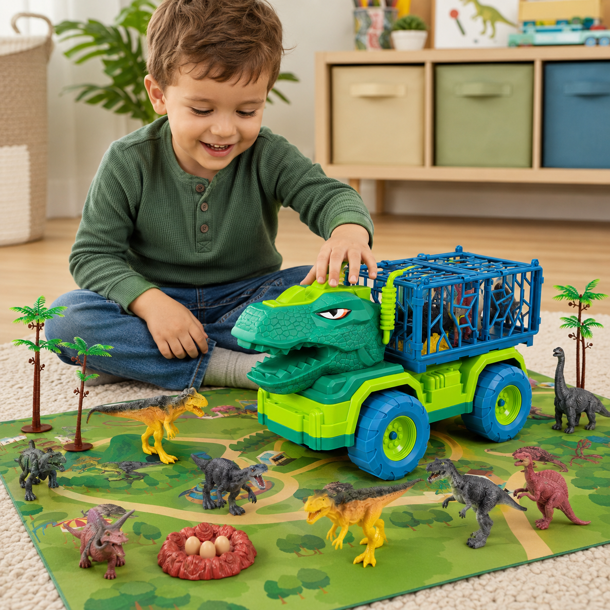 Lucky Doug Dinosaur Truck Toys for Boys Age 3-6,  Tyrannsaurus Truck Toy with Dino Figures, Large Activity Play Mat, Dinosaur Eggs, Dinosaur Transporter Play Set for Kid Boys Age 3-6-8
