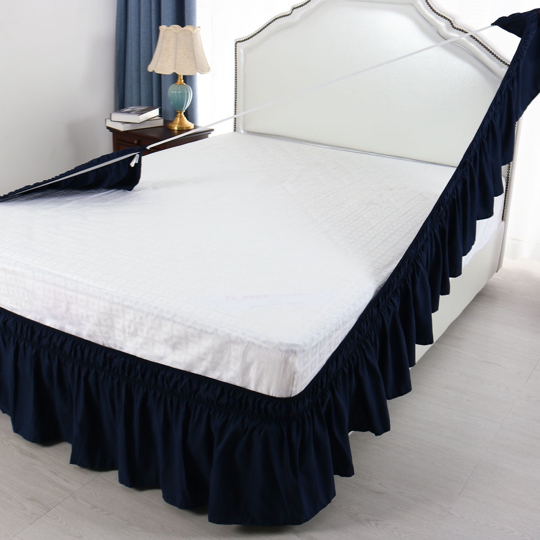 Unique Bargains Elastic Dust Ruffled Bed Skirt with 15" Drop Full Navy Blue