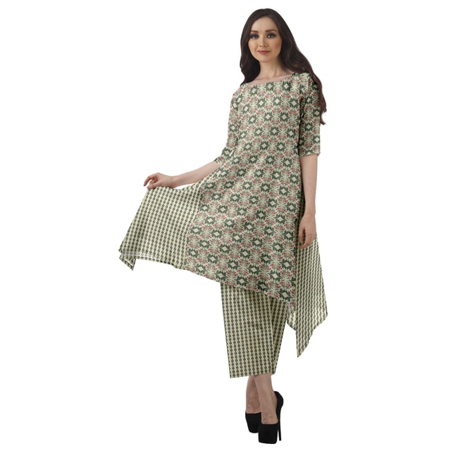 Moomaya Ensemble Kurti Asymétrique Imprimé pour Femme Grande Taille, Chanderi en Coton, 1 Unité