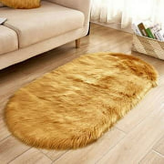 Christmas Saving Clearance! Sruiluo Faux Sheepskin Area Rugs for Bedroom Shaggy Plush Floor Carpet Bedside Rugs, Super Soft, Non-Slip, Quick-Drying, Room Decor, Camel, 23.6x15.7