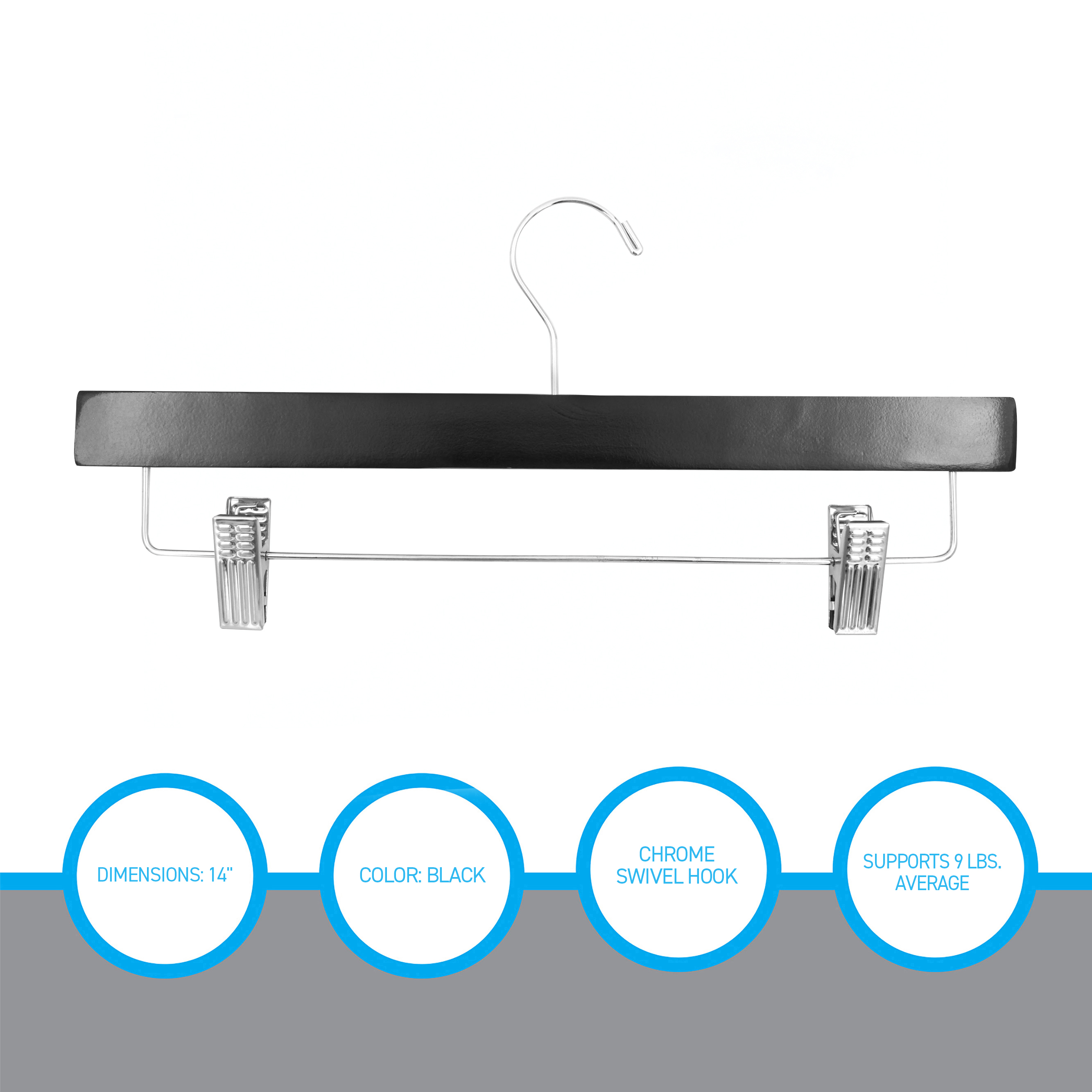 SSWBasics 14 inch Black Wood Skirt and Pants Hangers - Case of 50 - Black Wooden Pants