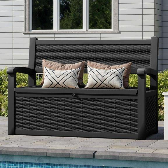 Dextrus 70 Gallon Lockable Storage Bench, Waterproof Outdoor Patio Deck Box for Supplies, Black