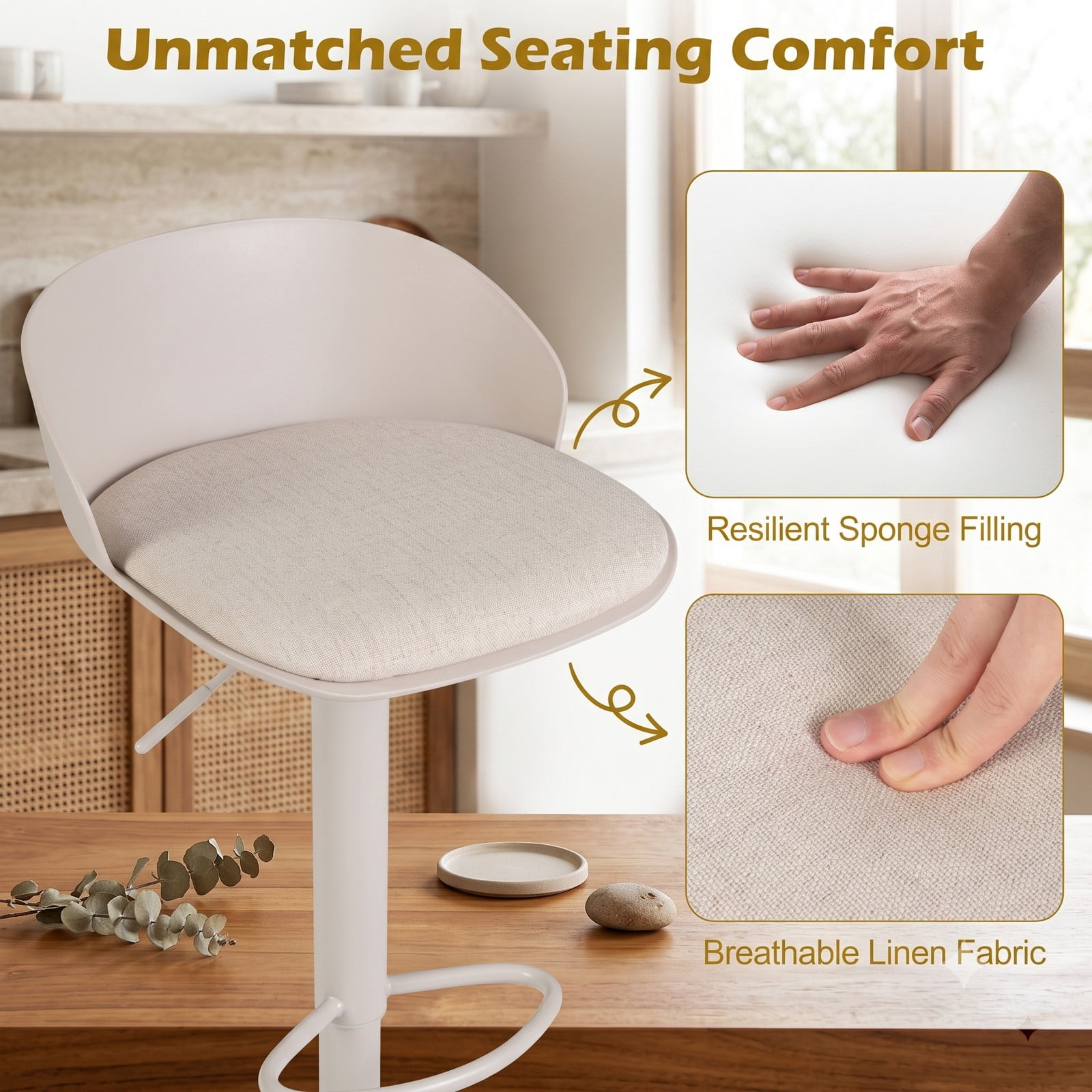 Furnibear Set of 2 Adjustable Swivel Bar Stools with Back and Footrest, 360 Degree Rotating Counter Height Barstools for Kitchen Island Dining Pub, 330 LBS, Cream