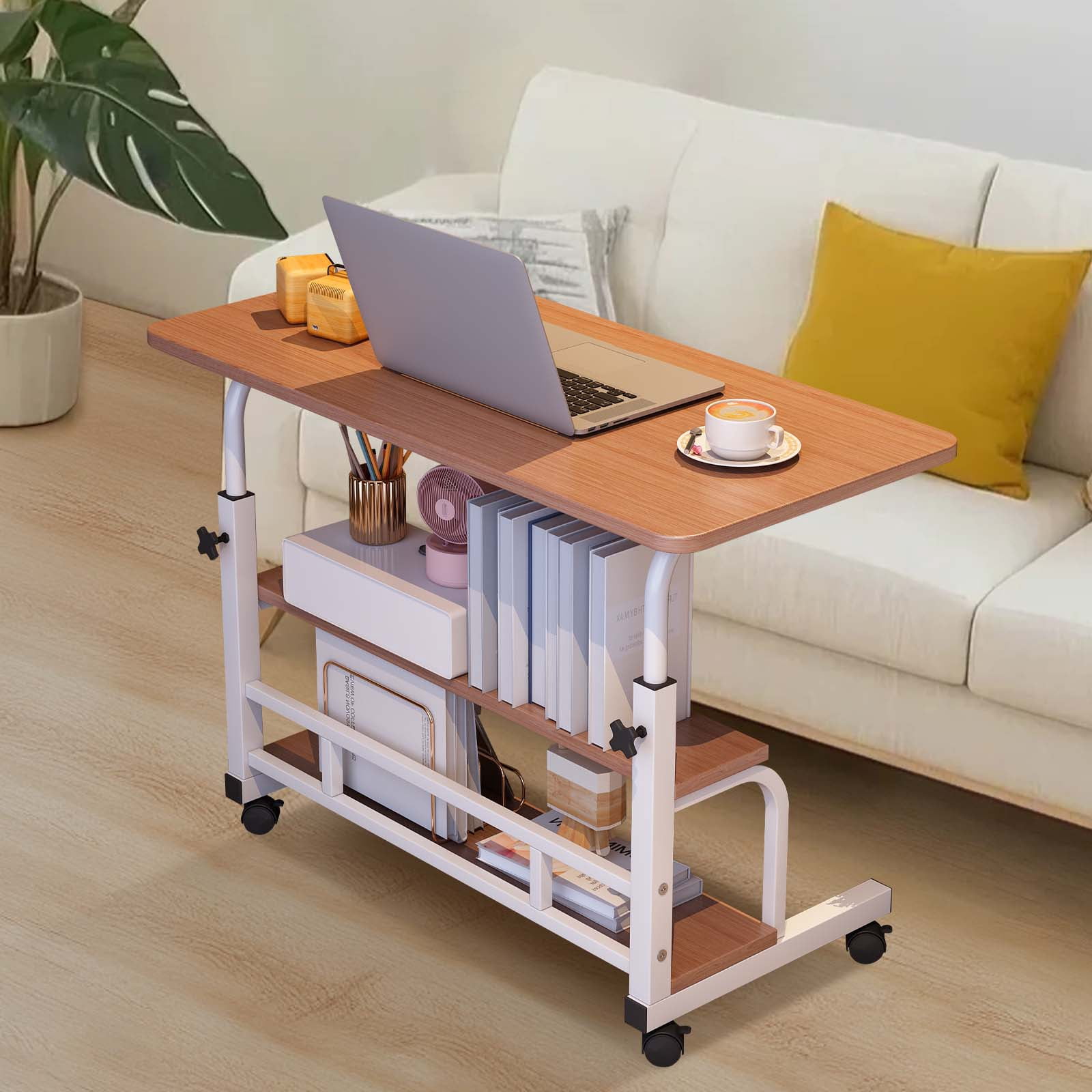 Roromall 23.6" Adjustable Height Portable Rolling Desk Mobile Standing Desk, Small Computer Table, Mobile Stand Up Table with Wheels & Storage Shelves for Home Office School
