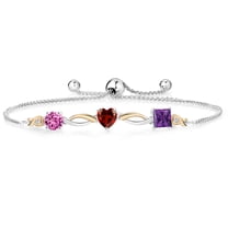 Gem Stone King 925 Silver and 10K Yellow Gold Pink Created Sapphire Red Garnet Purple Amethyst and Lab Grown Diamond Tennis Bracelet for Women By Keren Hanan (2.20 cttw, Adjustable up To 9 inch)