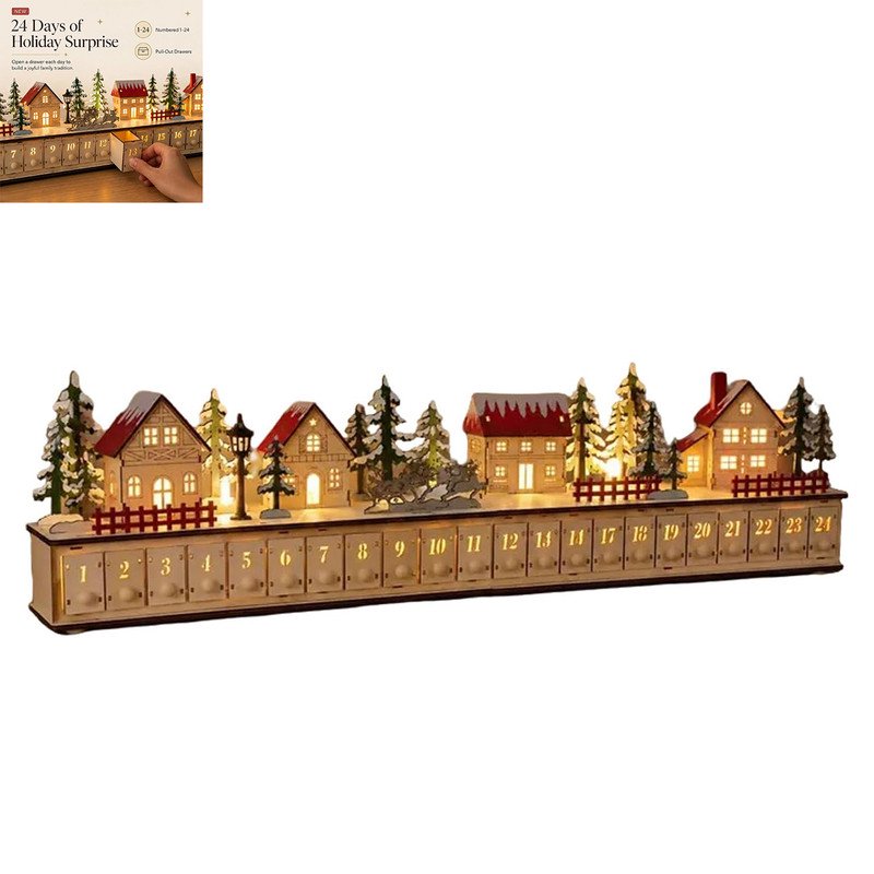 Wooden Christmas Village Advent Calendar Wooden Village Advent Calendar with Led Glow with 24 Drawers Holiday Countdown Calendars for Home Decor.