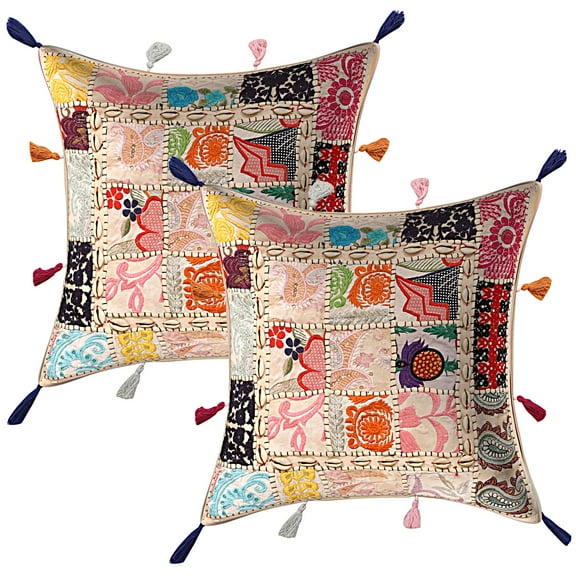 Stylo Culture Indian Sofa Throw Pillow Covers 17x17 Embroidered Patchwork Cowry Sea Shell Tassels White Bohemian 43 x 43 cm Bed Room Cotton Floral Square Cushion Covers | Set Of 2