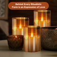thumbnail image 3 of Velas LED de vidrio sin llama con pilas con control remoto y temporizador, velas de cera real, color cálido y parpadeante para decoración de bodas (paquete de 3) -Oro, 3 of 5