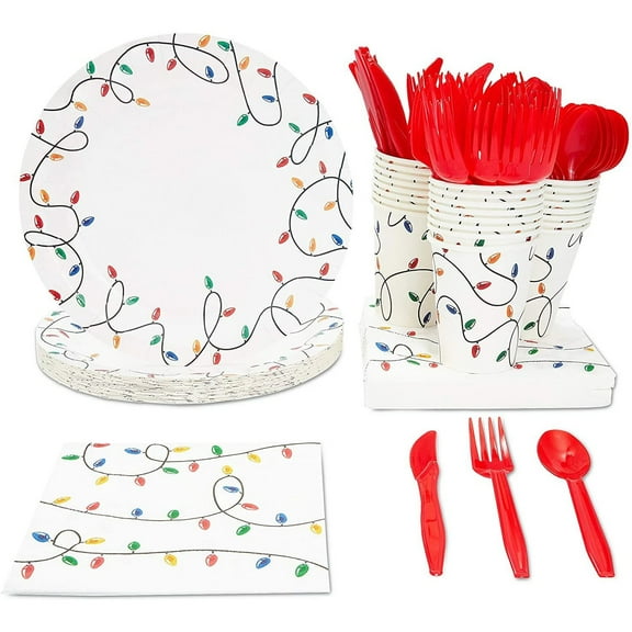 Serves 24 Christmas Lights Party Supplies & Table Decorations for Xmas, White Holiday Paper Plates, Napkins, Cups & Cutlery