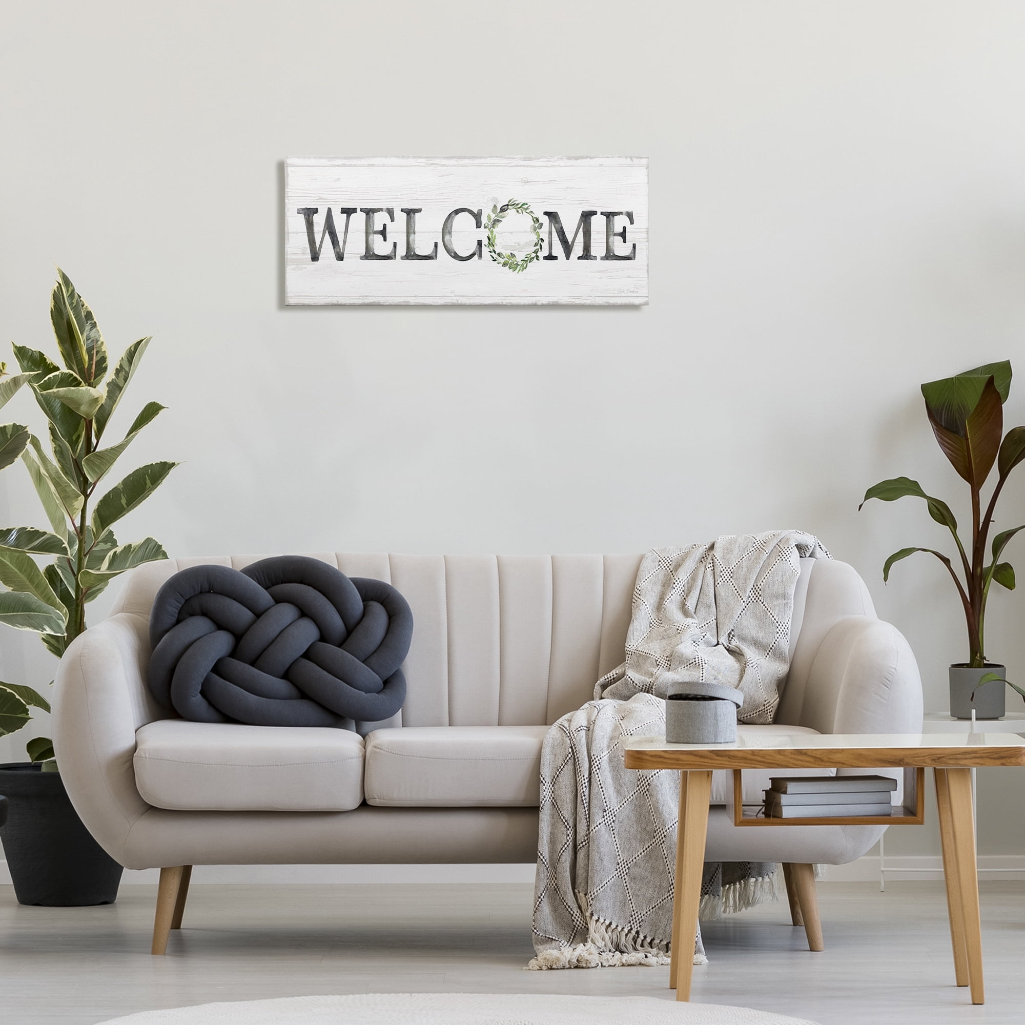 Stupell Industries Welcome with Floral Wreath Text & Numbers Painting Wrapped Canvas Art Print Wall Art, 30 x 13