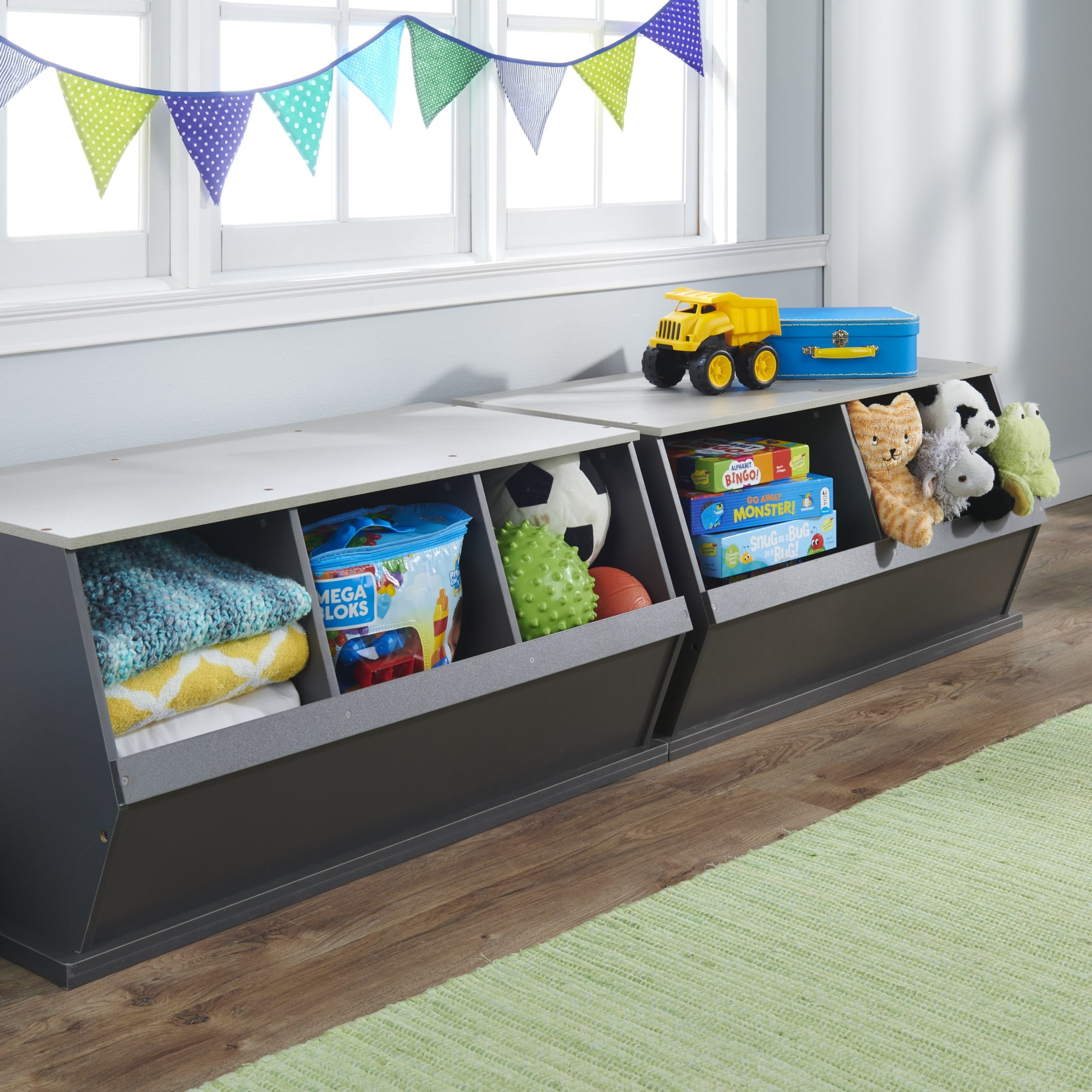 Badger Basket Children's Stackable Wooden 3-Bin 33 gal Toy Storage Cube, Charcoal & Gray