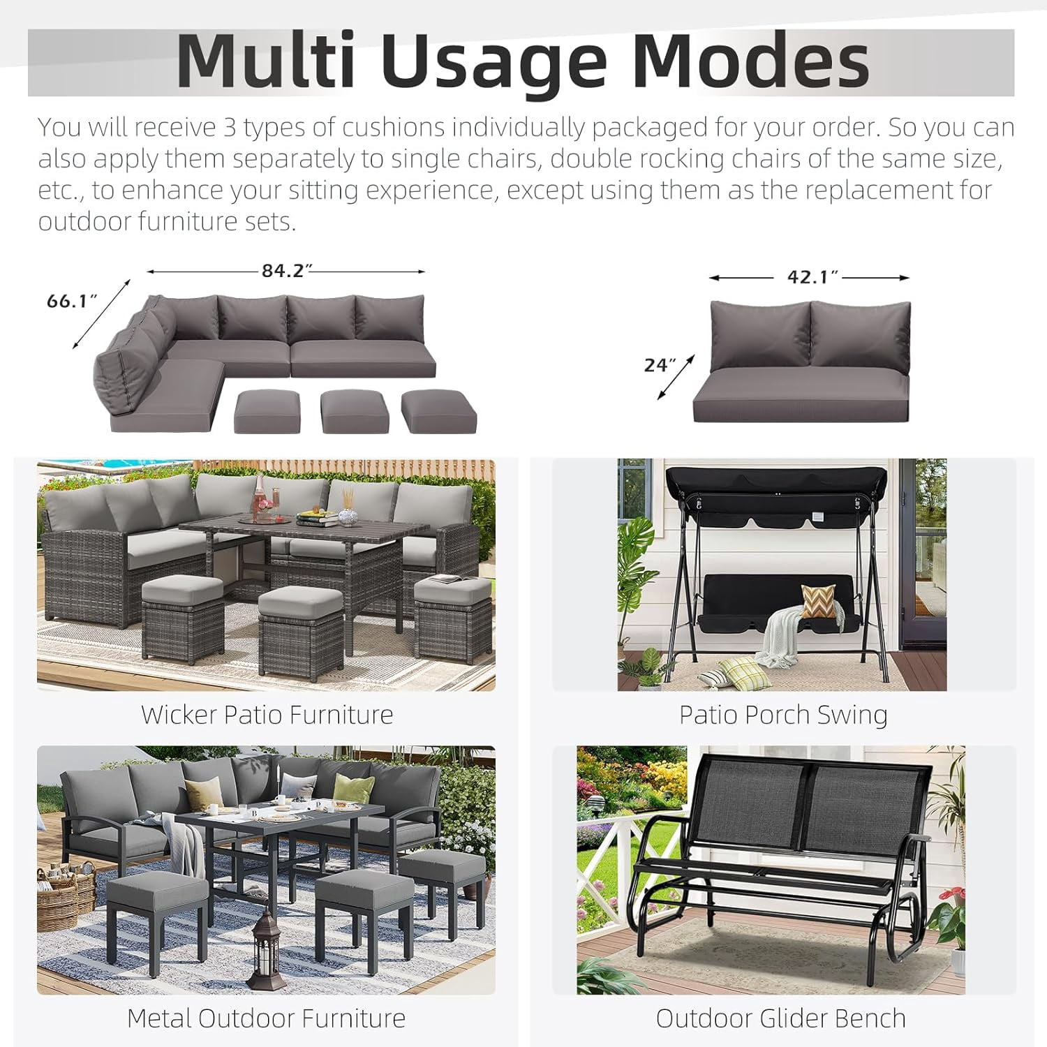 AECOJOY Outdoor 13-Piece Replacement Cushions for Patio Furniture, 4-Inch Memory Foam Cushions for 7-Seat Sectional Rattan Conversation Set, Splash-Resistant Covers, Dark Grey