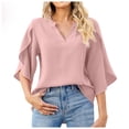 thumbnail image 1 of Nuevos tops de manga petal para mujer: blusa holgada de gasa con cuello en V y detalles plisados, mangas tres cuartos para el trabajo en verano o salidas informales., 1 of 5