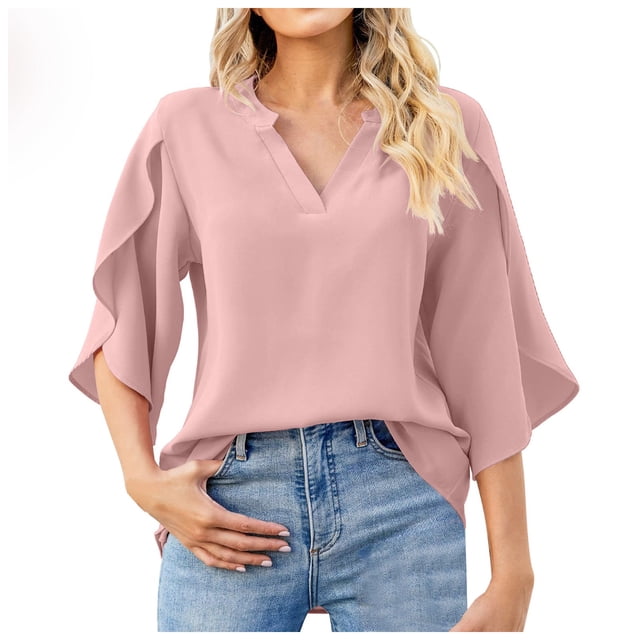 Nuevos tops de manga petal para mujer: blusa holgada de gasa con cuello en V y detalles plisados, mangas tres cuartos para el trabajo en verano o salidas informales.