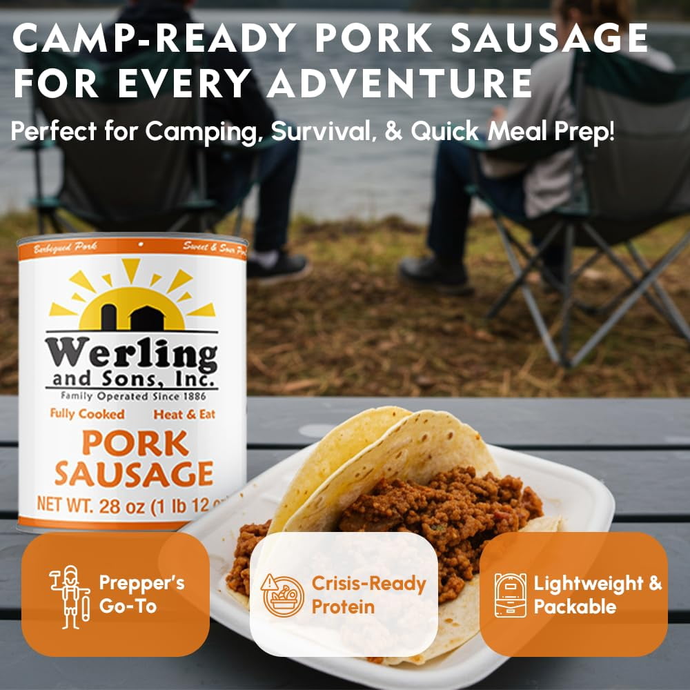(Pack of 12) Werling & Sons Canned Heat & Eat Pork Sausage 28 Oz Fully Cooked Ready to Eat Canned Meat Long Shelf Life Great for Emergency Food Storage, Camping, Quick & Easy Meals Canned Food