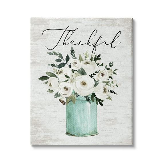 Stupell Industries Thankful Phrase White Ranunculus Floral Bouquet Milk Tin, 16 x 20, Design by Lettered and Lined