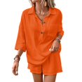 thumbnail image 5 of WAYUTE Womens Sets 2 Piece Outfits Casual Solid Color Blend Short Sleeve Lapel Shirt and Shorts Loungewear Sets Matching Clothing, 5 of 7