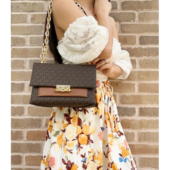 Michael Kors Cece Medium Flap Chain Shoulder Bag Brown MK Signature