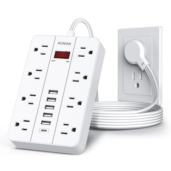 Enchufe plano HUNIAN Power Strip con protector contra sobretensiones, 8 salidas, 6 USB