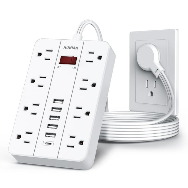 Enchufe plano HUNIAN Power Strip con protector contra sobretensiones, 8 salidas, 6 USB