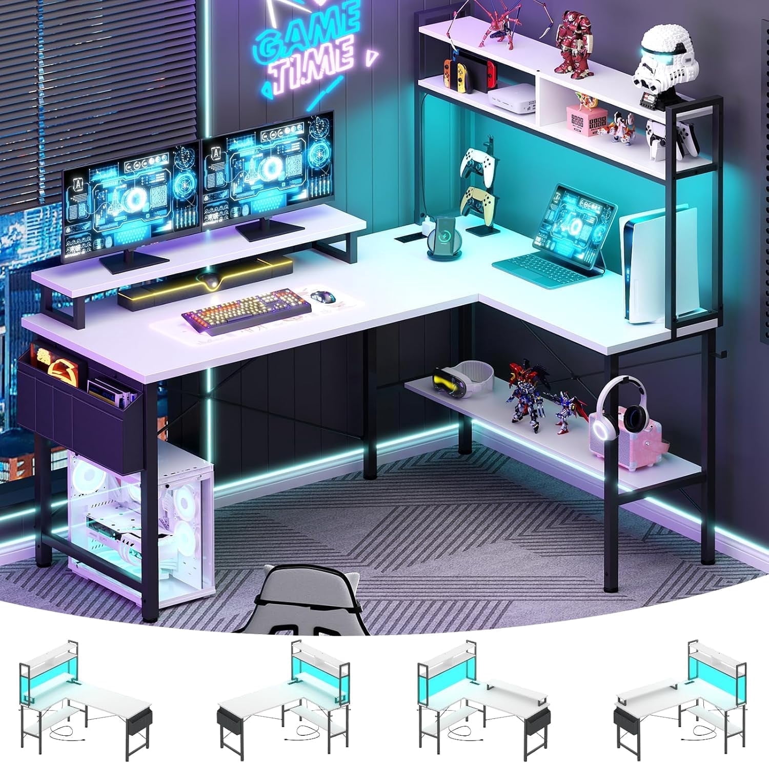 Homieasy L Shaped Gaming Desk with Power Outlets & LED Lights, Small L- Shaped Desk Computer Corner Desk with Monitor Stand & Storage Shelf, Home Office Desk Writing Desk with Storage Bag, White
