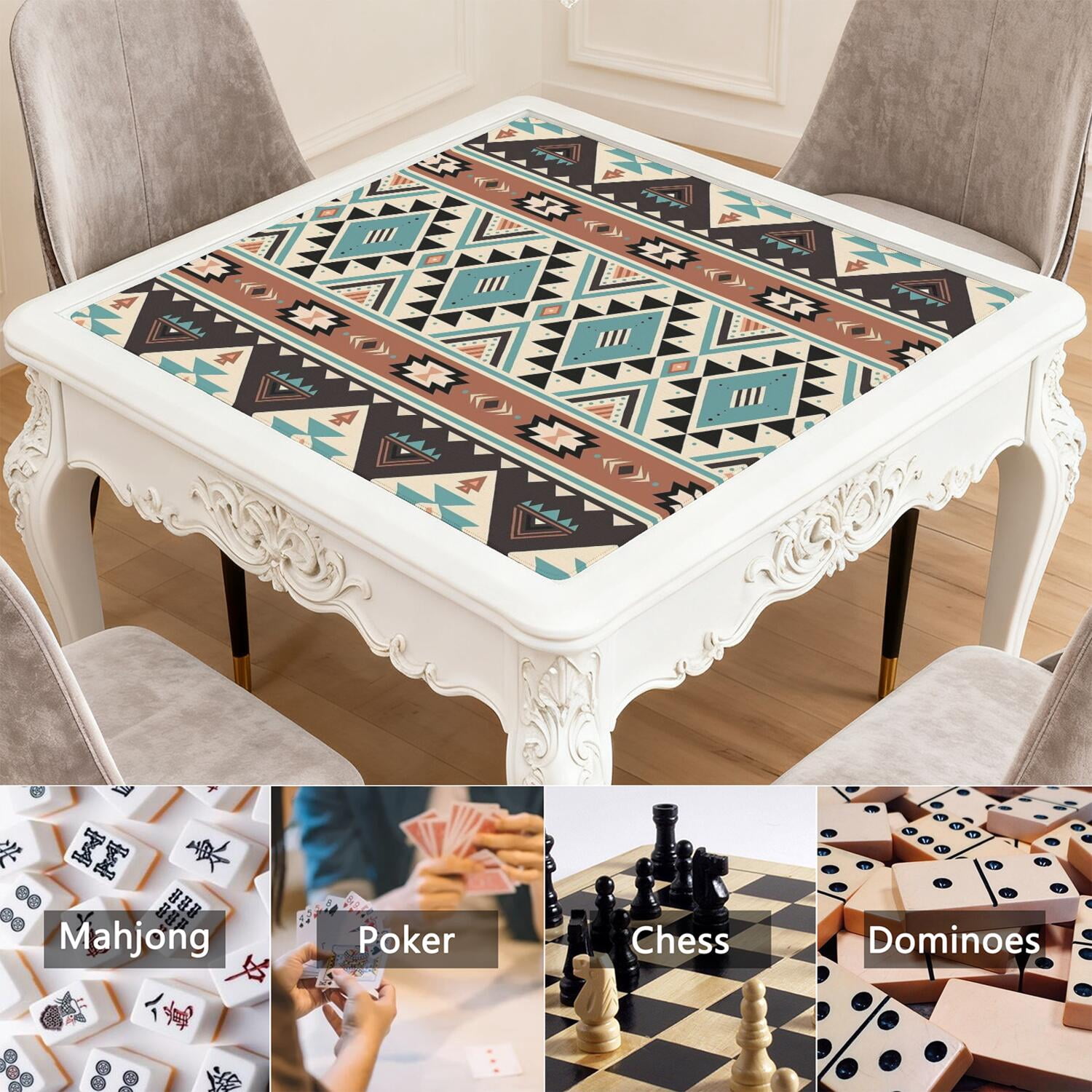 Boho Pattern Large Rubber Game Table Topper 31.5 Inch Square Mahjong Mat with Non-Skid Bottom for Stability and Noise Reduction for Tiles and Cards