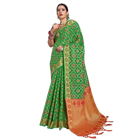 Sarees for Women Banarasi Patola Art Silk Woven Saree l Indian Ethnic Wedding Gift Sari with Unstitched Blouse Green
