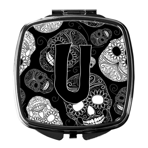 Letter U Day of the Dead Skulls Black Compact Mirror