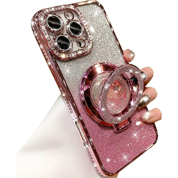 Glitter Kickstand Case for iPhone 16 Pro Max, Luxury Bling Sparkly Diamond Rhinestones with Camera Protector Liquid Flowing Ring Stand TPU Bumper Women Girls Case for iPhone 16 Pro Max (Pink)