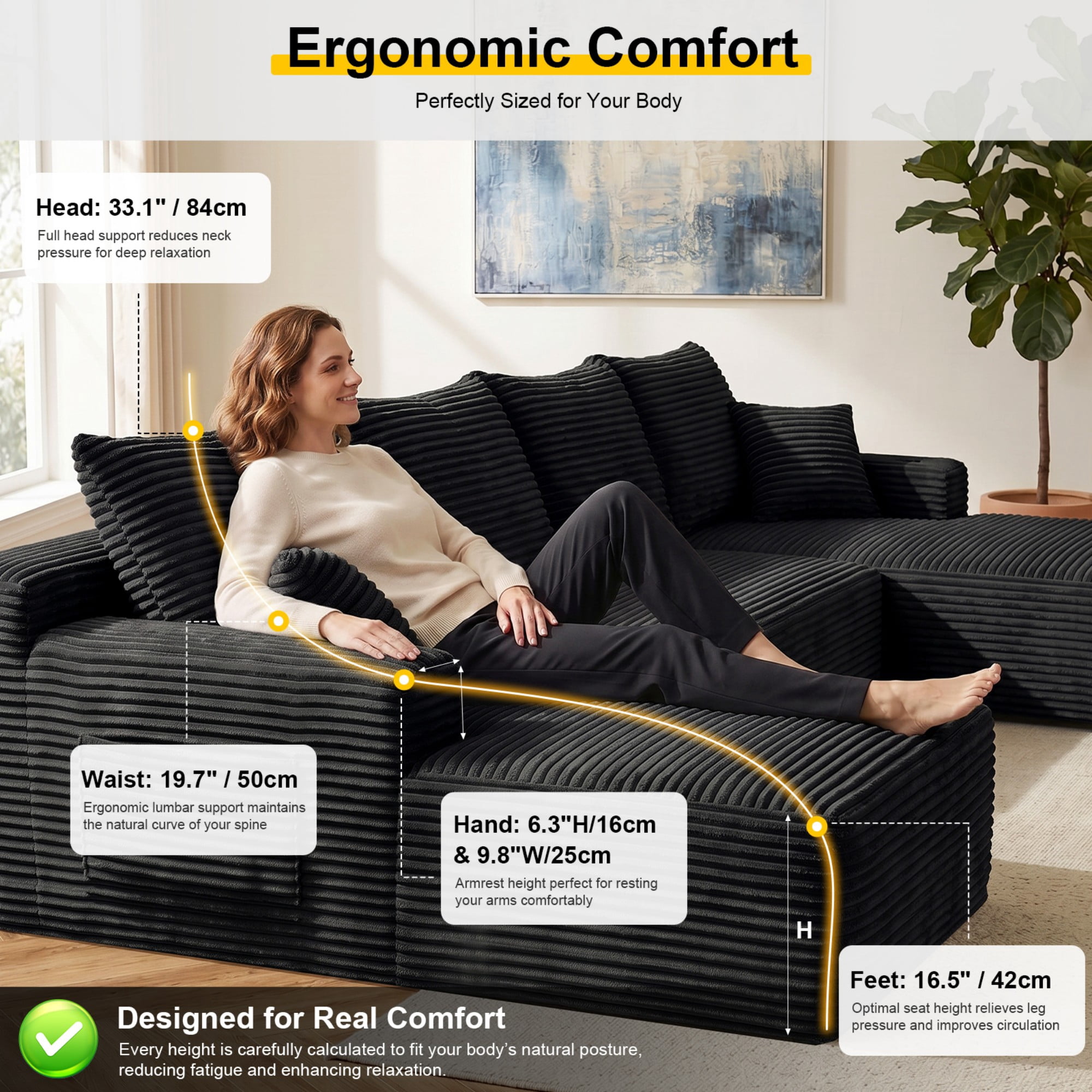 DEALTOPS 134" Corduroy U-Shape Modular Cloud Couch, Double Chaise Sectional Sofa with Cup Holders, Black