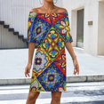 thumbnail image 2 of Mexican Talavera Ceramic Tile Pattern Women's Off The Shoulder Ruffles Summer Wedding Guest Loose Casual Party Beach Dress, 2 of 9