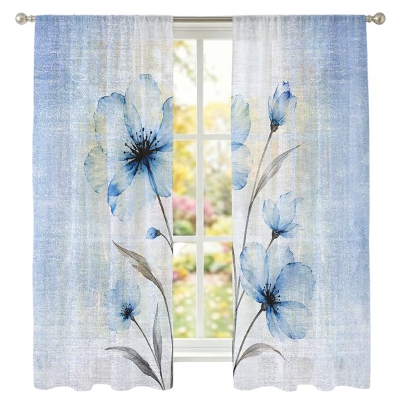 Boho Translucent Floral Sheer Curtains 63 Inch Long 2 Panels Shabby Chic Blue Flower Light Filtering Rod Pocket Curtains, Sheer Voile Drapes for Living Room Bedroom 52"x63"