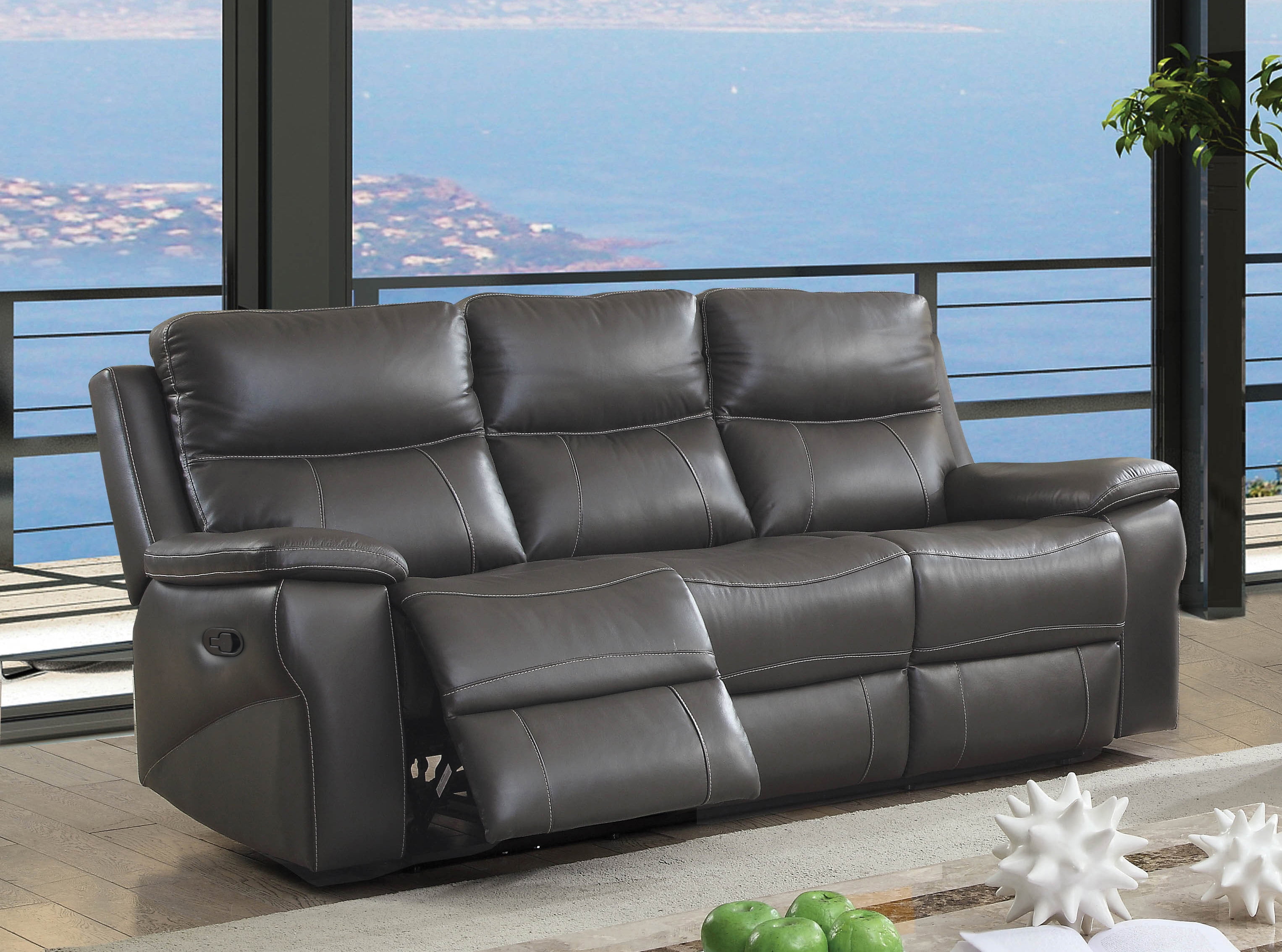 Furniture of America Modern Leather Barton Reclining Sofa, Gray