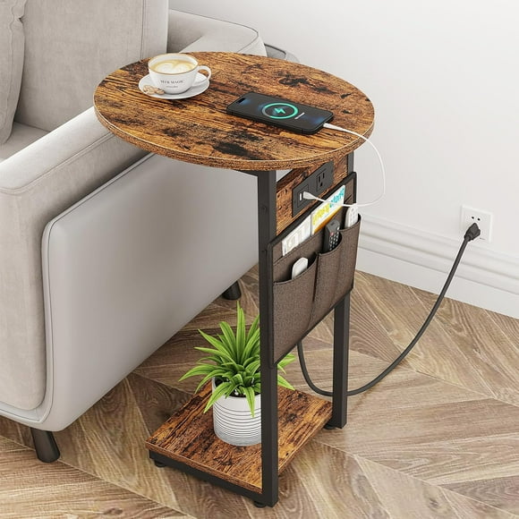 C Shaped End Table with Charging Station, Small Side Table for Couch, TV Tray Slide Under Sofa Table with Metal Frame for Living Room Bedroom, Round Couch Side Table, Rustic Brown and Black