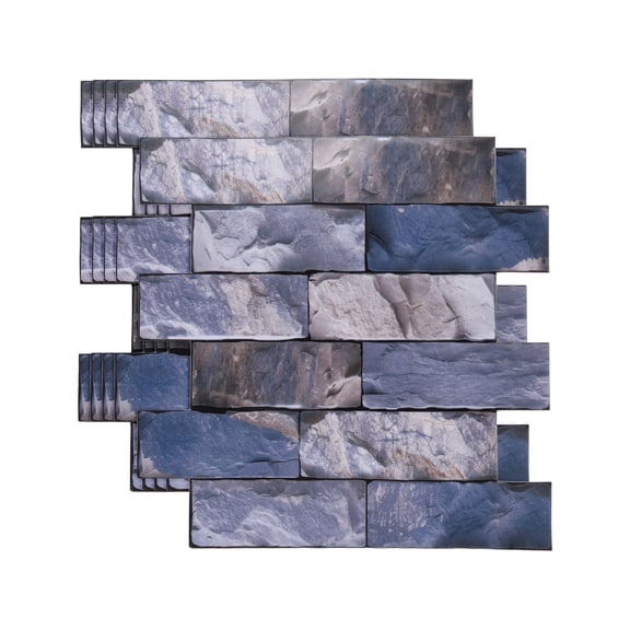 Uxcell 5Pcs Peel and Stick Backsplash Tiles 10.6" x 10.6" 3D Thickened Stone Texture Self-Adhesive Tile Stickers Wallpaper Wall for Kitchen Bathroom Bedroom, Blue Gray Brown