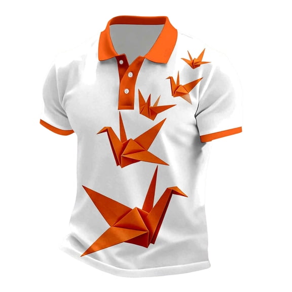 Mens Golf Polo Shirts Orange Sun Theme Print Short Sleeve Comfort Breathable Summer Shirt for Men,White,L