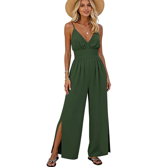 KIHOUT Women's V-Neck Spaghetti Strap Jumpsuit with Adjustable Straps, Side Slits and Pockets High-Waisted Wide Leg Casual Romper for Summer Beach Wear