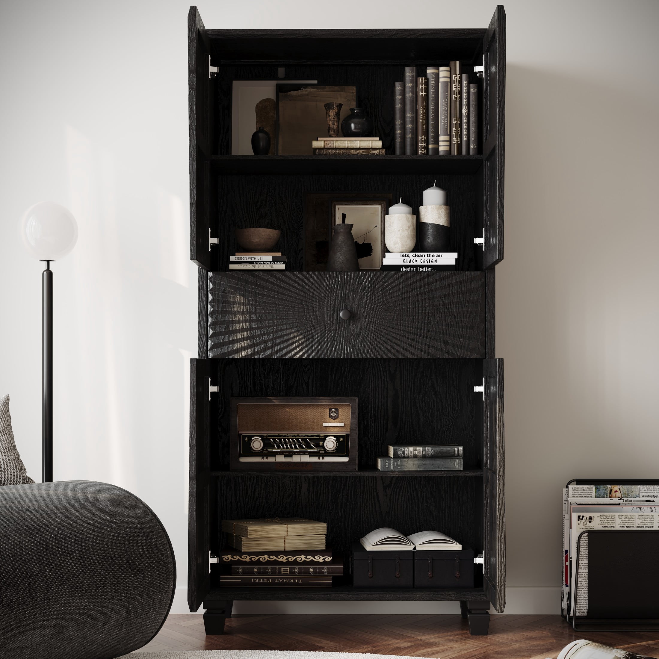 Noble House Neris 4-Door Tall Accent Buffet Cabinet with Storage Drawer, 3D Radial Pattern Hollow Sideboard, Black