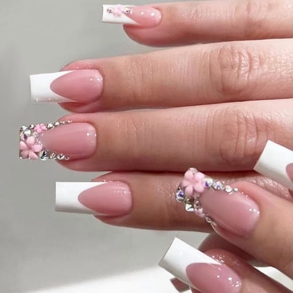 AWTO Press on Nails Pink French Fake Nails Medium Rhinestone Square Bling White Nails Glossy False Nail Tips Artificial Nails Luxury Finger Manicure for Women and Girls,24pcs (Square Nails 3)