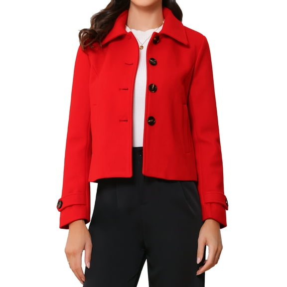 REFINED ATTIRE Women's Short Peacoat Turn Down Collar Single Breasted Button Closure Overcoat Red M