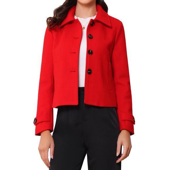 ABRIGO CORTO DE MUJER PEACOAT REFINADO CON CUELLO CAÍDO Y CIERRE DE BOTONES EN ROJO TALLA S