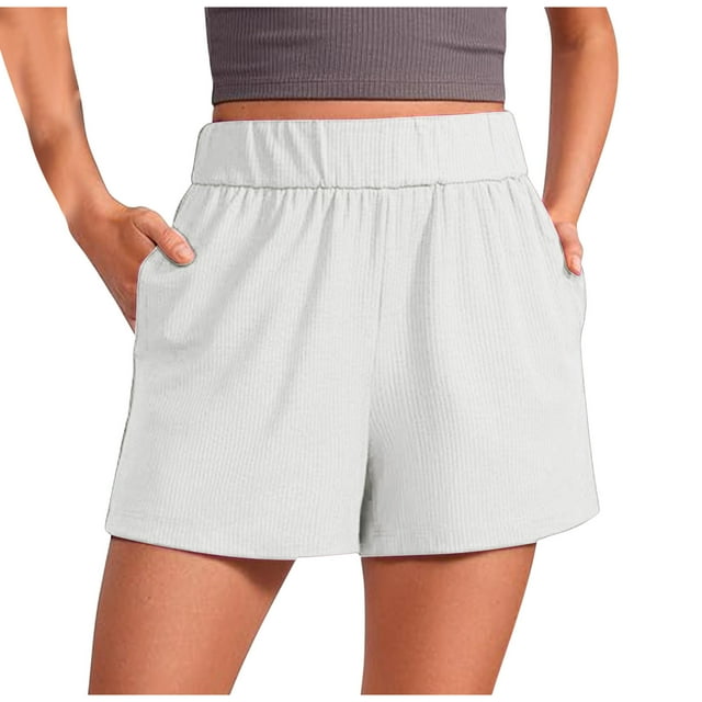 Reduced Price,Women's Summer Solid Ribbed Casual Knitted Elastic Waist Sports Shorts With Pockets,Ribbed Texture, Elastic Waist, Pockets, Knitted Fabric for Sports and Leisure Soft and Stylish