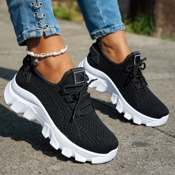 Womens Platform Athletic Shoes Fashion Sneakers Non Slip Breathable Lightweight Road Running Shoes Walking Sneakers Knit Mesh Lace Up Casual Shoes Athletic Sports Shoe for Gym Travel Workout (Size:6)