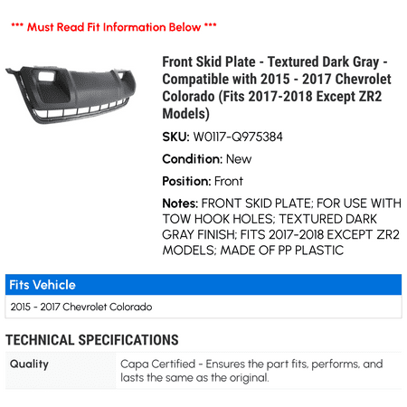 Front Skid Plate - Textured Dark Gray - Compatible with 2015 - 2017 Chevy Colorado (Fits 2017-2018 Except ZR2 Models) 2016 2019 2020
