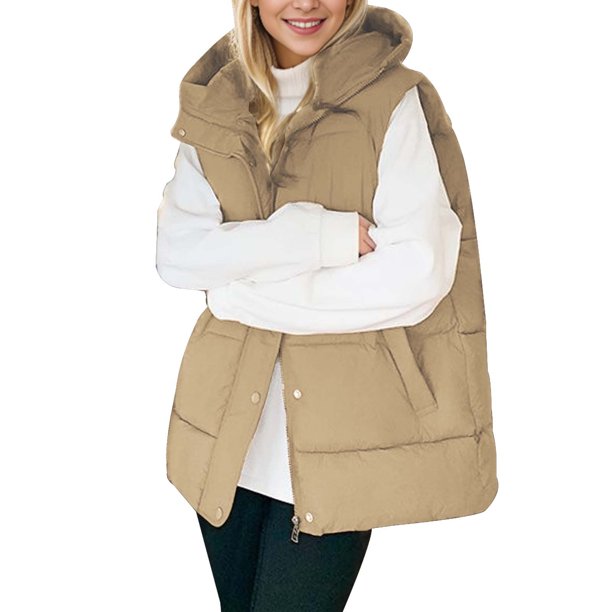 Gibobby Chaleco dama, chaleco acolchado para mujer, cuello de pie, ligero, con cierre Gris profundo Extra Grande(Caqui,G)
