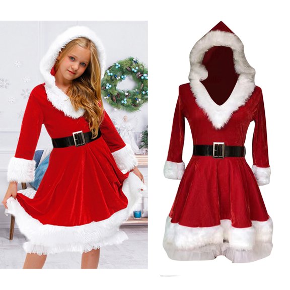 Baby Girl Christmas Dress,Santa Claus Dress Fur Trim Velvet long sleeves Christmas Party Outfit Christmas COS Xmas Dress 6-8 Years