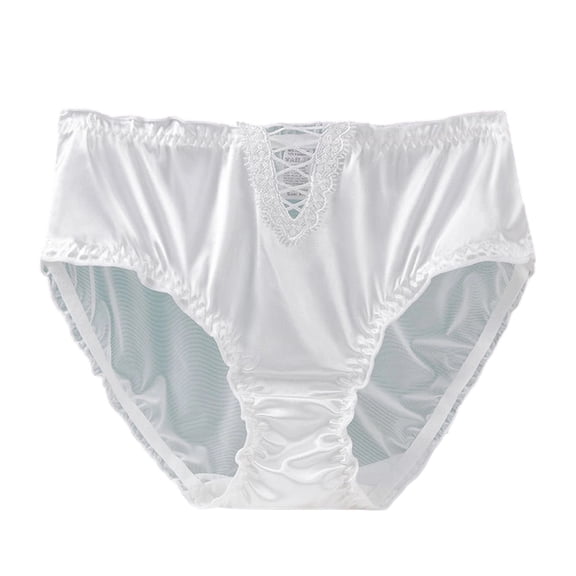 LUOGENLI Women's Plus‑Size Mid‑High Waist Satin Lace Panties, Ruffled Edge Breathable Soft Stretchy Seamless‑Style Underwear White XXL