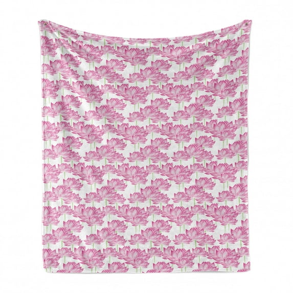 Flower Soft Flannel Fleece Throw Blanket, Poly Art Inspired Style Lotus Blossom Branches Fractal Geometric Water Lilly, Cozy Plush for Indoor and Outdoor Use, 50" x 70", Lime Green Pink, by Ambesonne
