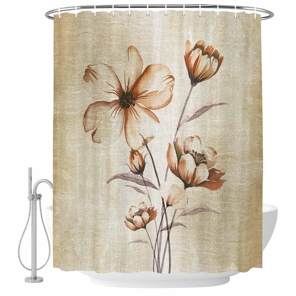 Polyester Fabric Brown Ombre Daisy Shower Curtain, Farmhouse Vintage Floral Botanical Waterproof Bathtub Curtain Bathroom Decor Set with Hooks 72 x 78 Inches