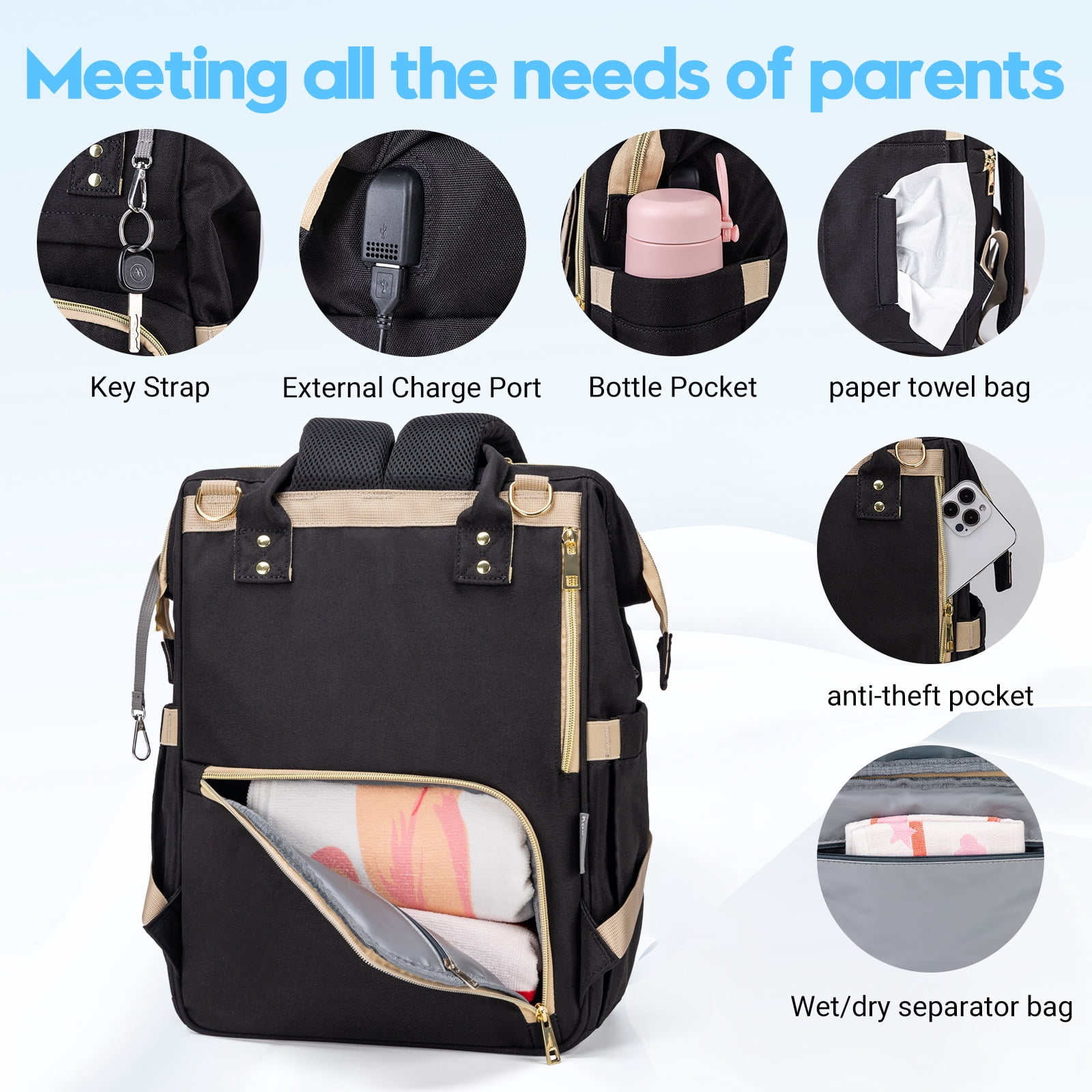 Diaper Bag Backpack with Portable Changing Pad, Large Unisex Baby Bags for Boys Girls, Multipurpose Travel Backpack Moms Dads, Black
